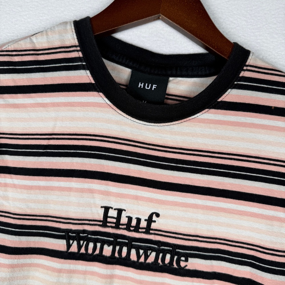 HUF T-Shirt Mens M Pink Black Striped Embroidered Short Sleeve Tee Streetwear